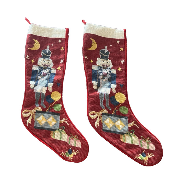LOT OF 2 Needlepoint Embroidered Christmas Stocking Nutcracker Toy Soldier Wool - Picture 1 of 5